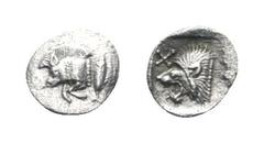 Mysia, Kyzikos AR Tetartemorion. Circa 480-450 BC. Forepart of boar left; tunny to right / Head of roaring lion left; star to upper left; all within incuse square. Von Fritze II 14; Cf. SNG BnF 375 (H