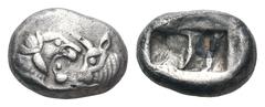 Kings of Lydia, Kroisos AR Siglos. Sardes, 550-546 BC. Confronted foreparts of a lion, on the left, and a bull, on the right / Two incuse squares of unequal size. Dewing 2428. SNG Kayhan 1024-1026. 4.