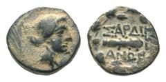 Lydia, Sardis Æ14. 2nd – 1st century BC. Laureate head of Apollo right / Club within wreath. Cf. SNG Copenhagen 470-482. 3.06g, 13mm, 11h. Earthy dark patina, Very Fine.