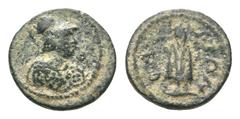 Lydia, Silandos, Pseudo-autonomous Æ15. 2nd-3rd centuries AD. Helmeted bust of Athena right, wearing aegis / Telesphorus standing facing. SNG von Aulock 3172. 2.48g, 15mm, 6h. Earthy dark patina, Very