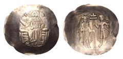 John II Comnenus EL Aspron Trachy. Constantinopolis, AD 1118-1122(?). Christ enthroned facing, holding Gospels and raising right hand; IC-XC across field / John and St. George standing facing, holding
