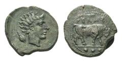 Sicily, Gela Æ Tetras. Circa 420-405 BC. Bull standing left, ΓEΛAΣ above, three pellets in exergue / Head of river-god Gelas right, grain-ear behind. CNS III, p. 8, 7; SNG ANS 106. 3.46g, 17mm, 2h. Ex