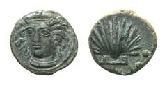 Sicily, Himera Æ Reduced Tetras. Circa 420-407 BC. Three-quarter facing head of nymph, head turned slightly left / Scallop shell; four pellets flanking. CNS I 37; SNG ANS -; SNG Morcom 602; Laffaille 