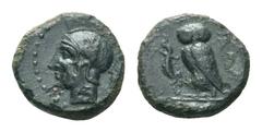 Sicily, Kamarina Æ Tetras. Circa 420-405 BC. Helmeted head of Athena left / Owl standing left, grasping lizard; ••• (mark of value) in exergue. Westermark & Jenkins 200; CNS 33; SNG ANS 1229; HGC 2, 5