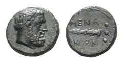Sicily, Menaion Æ Tetras. Circa 2nd Century BC. Head of Herakles right / Club; three pellets right; MENA above; INΩN Calciati III p. 188, 12; SNG ANS 288. 2.89g, 15mm, 4h. Beautiful olive-green patina
