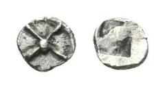 Macedon AR Tetartemorion. Uncertain Mint. 5th century BC. Four-spoked wheel / Incuse square with irregular surface. Cf. Svoronos, Hellenisme, pl. IV, 7. A. Tzamalis, Nomismatika Khronika 17 (1998), p.