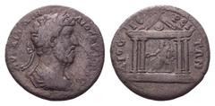 Marcus Aurelius Æ33 of Dioshieron, Lydia. AD 161-180. Laureate, draped, and cuirassed bust right / Zeus, holding phiale and sceptre, seated left within tetrastyle temple façade; clipeus in pediment. U