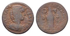 Julia Domna Æ30 of Sardes, Lydia. Mithros, archon. AD 193-217. Draped bust right / Cult statue of Kore standing facing; grain ears and poppy at feet; wreath and bucranium flanking head. SNG München 52