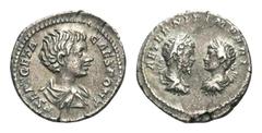 Geta, with Septimius Severus and Caracalla, As Caesar AR Denarius. Rome, AD 200-202. P SEPT GETA CAES PONT, bareheaded and draped bust of Geta right / AETERNIT IMPERI, laureate, draped, and cuirassed 