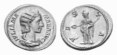 Julia Mamaea AR Denarius. Rome, AD 226. IVLIA MA-MAEA AVG, diademed and draped bust right / VE-S-TA, Vesta standing left, holding palladium and sceptre. RIC IV 360 (Severus Alexander); BMCRE 381-387 (