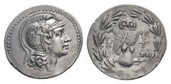 Attica, Athens AR Tetradrachm. New Style Coinage, circa 154-153 BC. Head of Athena right, wearing crested Attic helmet decorated with vine tendril and Pegasos / Owl standing right, head facing, on amp