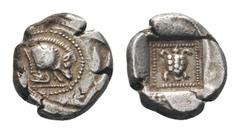 Dynasts of Lykia. Uncertain Dynast AR 1/3 Stater. Circa 490-430 BC. Forepart of Boar standing right on dotted ground line / Tortoise in dotted square border within incuse square. Not published in the 