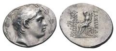 Seleukid Kings of Syria, Demetrios I Soter AR Tetradrachm. Antioch, 162-150 BC. Diademed head right within laurel wreath / BAΣIΛEΩΣ ΔHMHTPIOY ΣΩTHPOΣ, Tyche, holding sceptre and cornucopia, seated lef