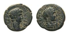 Nero Æ16 of Sardes, Lydia. Minidios, strategos. Struck circa AD 60. NEPΩN KAIΣAP, laureate head right / EΠI MINΔIOY ΣAPΔIANΩN, laureate head of beardless Hercules right, lion skin tied around neck. RP