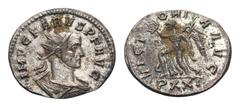 Carus Æ Antoninianus. Siscia, AD 282-283. IMP C M AVR KARVS P F AVG, radiate bust right / VICT-ORI-A AVG, Victory advancing left, holding wreath and palm branch. RIC 85, 94. 3.70g, 22mm, 5h. Nearly fu