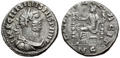 Carausius AR Denarius. Camulodunum, AD 287-293. IMP CARAVSIVS P AVG, laureate, draped and cuirassed bust right / FIDES EXERCIT, Fides seated to left with military standard set before her, holding seco