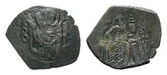 Michael VIII Palaeologus Æ Trachy. Constantinople, AD 1261-1282. The Virgin Hagiosoritissa to left / Emperor enthroned facing, holding labarum and globus cruciger. DOC 86-90; Sear 2274. 3.67g, 6h. Ver