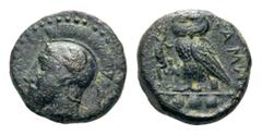 Sicily, Kamarina Æ Tetras. 420-410 BC. Head of Athena left, wearing Attic crested helmet / Owl standing left, holding lizard; in exergue three pellets. SNG ANS 1230. 2.94g, 14mm, 10h. Very Fine. From 