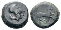 Sicily, Aitna Æ Tetras. 354/3-344 BC. Helmeted head of Athena right / Horse with trailing rein prancing right; [M above]. Castrizio series I, 1; CNS 1; SNG ANS 1301. 16.23g, 28mm, 4h. Good Fine. Scarc