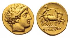 Kingdom of Macedon, Philip II AV Stater. Pella, 323-317 BC. Struck under Philip III. Laureate head of Apollo right / Charioteer, holding kentron and reins, driving biga right; ΦIΛIΠΠOY and kantharos b