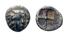 Ionia, Kolophon AR Tetartemorion. Circa 490-400 BC. Head of Artemis facing three-quarter right / Quadripartite incuse square with central pellet. Klein collection 400; SNG von Aulock 7902. 0.19g, 7mm.