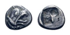 Ionia, Phokaia AR Tetartemorion. Late 6th century BC. Head of griffin right / Rough incuse square. Klein collection 481; Rosen collection 603; SNG SNG von Aulock 7938. 0.29g, 7mm. Very Fine.