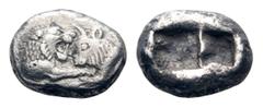 Kingdom of Lydia, time of Kroisos to Darios I AR 1/3 Stater. Sardes, circa 550-520 BC. Confronted foreparts of lion right and bull left / Two incuse squares of unequal size. Carradice 9; Berk 24; Rose