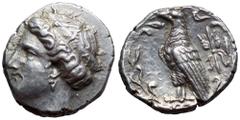 Elis, Olympia AR Stater. 'Hera' mint, 105th Olympiad, 360 BC. Head of Hera left, wearing pendant earring and low stephane ornamented with F-A between palmettes / Eagle with closed wings standing to le