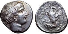 Elis, Olympia AR Stater. 'Hera' mint, 109th Olympiad, 344 BC. Head of Hera right, wearing stephane, F-A across fields / Eagle, with spread wings, standing left, head right, on head of stag right; all 