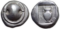 Boiotia, Thebes AR Stater. Circa 450-440 BC. Boiotian shield / Amphora; E-(archaic Θ) (retrograde) across field; all within square incuse. BCD Boiotia 374; Head, Boiotia p. 29, pl. II, 6 = BMC p. 70, 