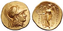 Kingdom of Macedon, Alexander III 'the Great' AV Stater. Susa, circa 325-320 BC. Head of Athena right, wearing crested Corinthian helmet decorated with eagle, pendant earring and necklace / Nike stand