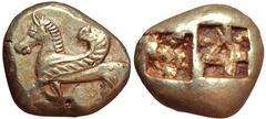 Ionia, uncertain mint EL Trite. Circa 620-550 BC. Pegasos, with curved wing, walking to left / Two square punches side-by-side, with irregular surfaces, one slightly larger than the other. Weidauer 14