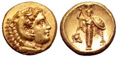 Mysia, Pergamon AV Stater. Mid-late 330s BC. Head of Herakles right, wearing lion skin headdress / Archaistic Palladion: statue of Pallas Athena standing facing, holding spear aloft in right hand, pre