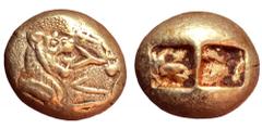 Kings of Lydia, Alyattes EL Trite - 1/3 Stater. Sardes, circa 610 BC. Lion's head right with open jaws and protruding tongue, solar-disk above forehead, confronting open jaws of lion's head left; betw