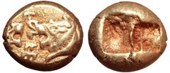 Kings of Lydia, time of Alyattes EL Hekte - 1/6 Stater. Sardes, circa 610-560 BC. Lion's head left with open jaws, solar-disk above forehead, confronting open jaws of lion's head right; WALWET (in Lyd