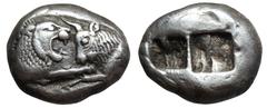 Kings of Lydia, Kroisos AR Stater. Sardes, circa 560–546 BC. Confronted foreparts of lion to right and bull to left / Two incuse punches of unequal size. Traité II/1, 407, pl. X, 7; BMC Lydia 7, 37; S