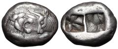 Kings of Lydia, Kroisos AR Siglos. Sardes, 550-546 BC. Confronted foreparts of lion right and bull left / Two square punches. ATEC 1914-1925; Berk 23; SNG Kayhan 1024; SNG Copenhagen 456. 5.24g, 16mm.