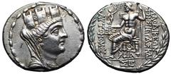 Syria, Laodikeia ad Mare AR Tetradrachm. 54/3 BC. Veiled, draped, and turreted bust of Tyche right / ΛAOΔIKEΩN THΣ IEPAΣ KAI AYTONOMOY, Zeus seated left, holding Nike and sceptre; date HK (year 28) in