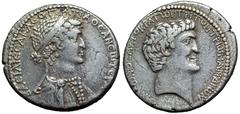 Marc Antony and Cleopatra AR Tetradrachm. Uncertain Phoenician mint, 36 BC. BACIΛICCA KΛEOΠATPA ΘEA NEWTEPA, diademed and draped bust of Cleopatra right, her dress embroidered with pearls / ANTWNIOC A