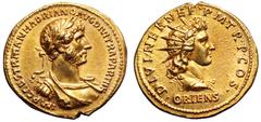 Hadrian AV Aureus. Rome, AD 117. IMP CAES TRAIAN HADRIANO AVG DIVI TRA PARTH F, laureate, draped and cuirassed bust right / DIVI NER NEP P M TR P COS, radiate head of Sol to right, ORIENS below. RIC 1