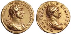 Hadrian, with Divus Trajan, AV Aureus. Rome, AD 117-118. IMP CAES TRAIAN HADRIANO OPT AVG G D PART, laureate, draped and cuirassed bust of Hadrian right / DIVO TRAIANO PATRI AVG, laureate, draped and 
