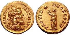 Pertinax AV Aureus. Rome, AD 193. IMP CAES P HELV PERTIN AVG, laureate and draped bust right / PROVID DEOR COS II, Providentia, draped, standing left, holding up both hands toward large star. RIC 10b;