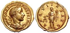 Gordian III AV Aureus. Rome, AD 240. IMP CAES GORDIANVS PIVS AVG, laureate, draped and cuirassed bust right / AEQVITAS AVG, Aequitas standing facing, head left, holding scales and cornucopiae. RIC 40;