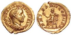 Gordian III AV Aureus. Rome, AD 241-243. IMP GORDIANVS PIVS FEL AVG, laureate and draped bust right / P M TR P IIII COS II P P, Apollo, bare to waist, seated left, holding branch and resting left elbo