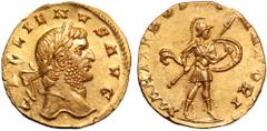 Gallienus AV Aureus. Siscia, AD 262-268. GALLIENVS AVG, laureate head right / MARTI PROPVGNATORI, Mars advancing right wearing crested helmet, cuirass, pteruges and high caligae with ties. RIC V -; Ca