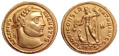 Licinius I AV Aureus. Thessalonica, circa AD 310. LICINIVS AVGVSTVS, laureate head right / IOVI CONSERVATORI AVGG, Jupiter standing left, chlamys hanging from left shoulder, holding thunderbolt in rig