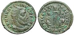 Martinian Æ Nummus. Nicomedia, AD 324. D N M MARTINIANVS P F AVG, radiate, draped and cuirassed bust right / IOVI CONSERVATORI, Jupiter standing left, holding Victory on globe in right hand and eagle-