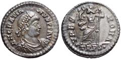 Gratian AR Siliqua. Treveri (Trier), AD 367-375. D N GRATIANVS P F AVG, pearl-diademed, draped, and cuirassed bust right / VRBS ROMA, Roma seated left holding spear and Victory on globe; TRPS• in exer
