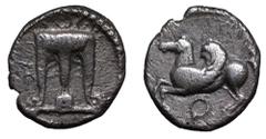 Bruttium, Kroton AR Triobol. Circa 525-425 BC. Tripod / Pegasos flying left, Q below. SG 468 (diobol 1.4g); HN Italy 2127; SNG ANS 323-6; Head p96 (diobol). 1.25g, 12mm, 11h. Very Fine. From the Frank
