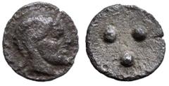 Sicily, Himera AR Tetras. Circa 470-450 BC. Head (bearded) with long goat's horn right / 3 pellets. Cammarata pl. I/A, 15b. Manganaro, Travaux Le Rider, pl. 24, cf. 39; SNG Copenhagen -; SNG ANS -; SN